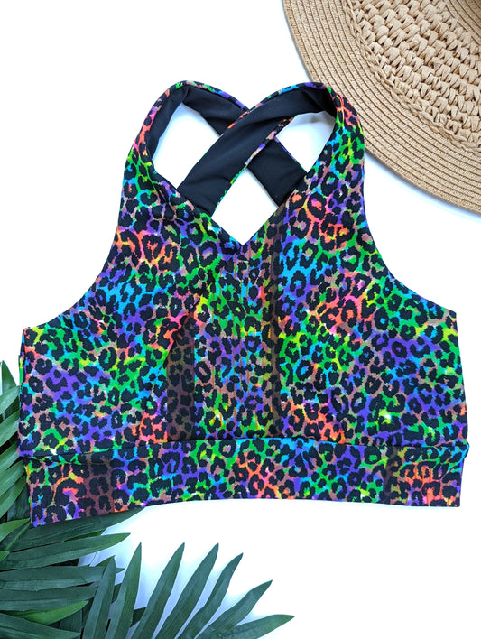 Neon Leopard Crossover Swim + Yoga Bra